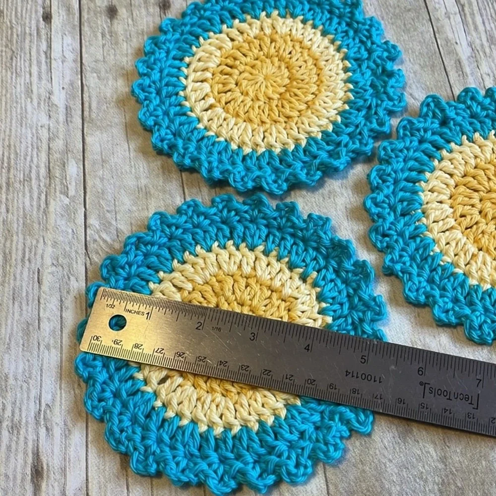 Crochet Set of Three Coasters/Small Doilies Turquoise 5 1/2 Inches